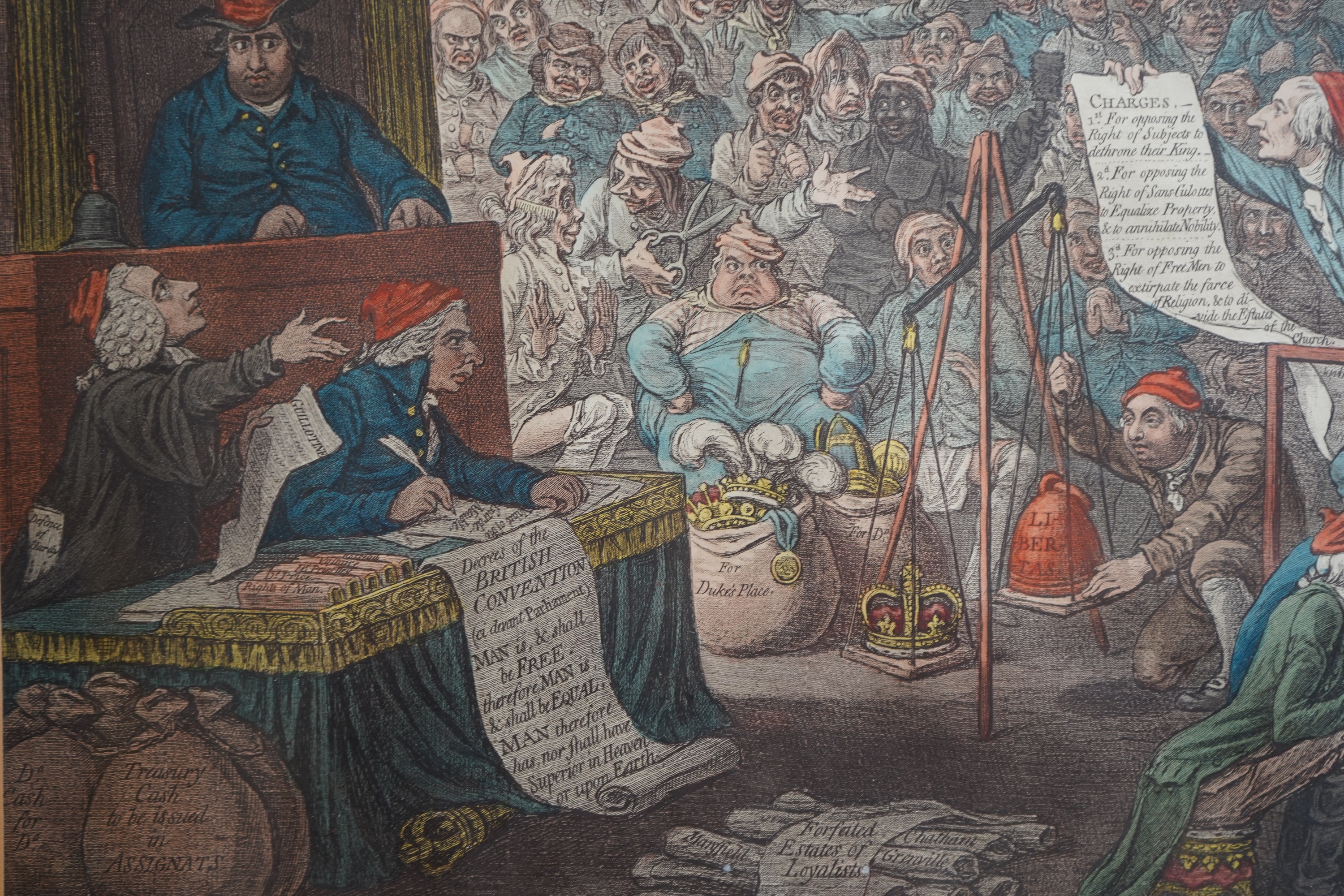 After James Gillray, 1756-1815, 'The Death of the Great Wolf' and 'Patriotic Regeneration -viz- Parliament Reform'd a la Francoise - that is - Honest Men'